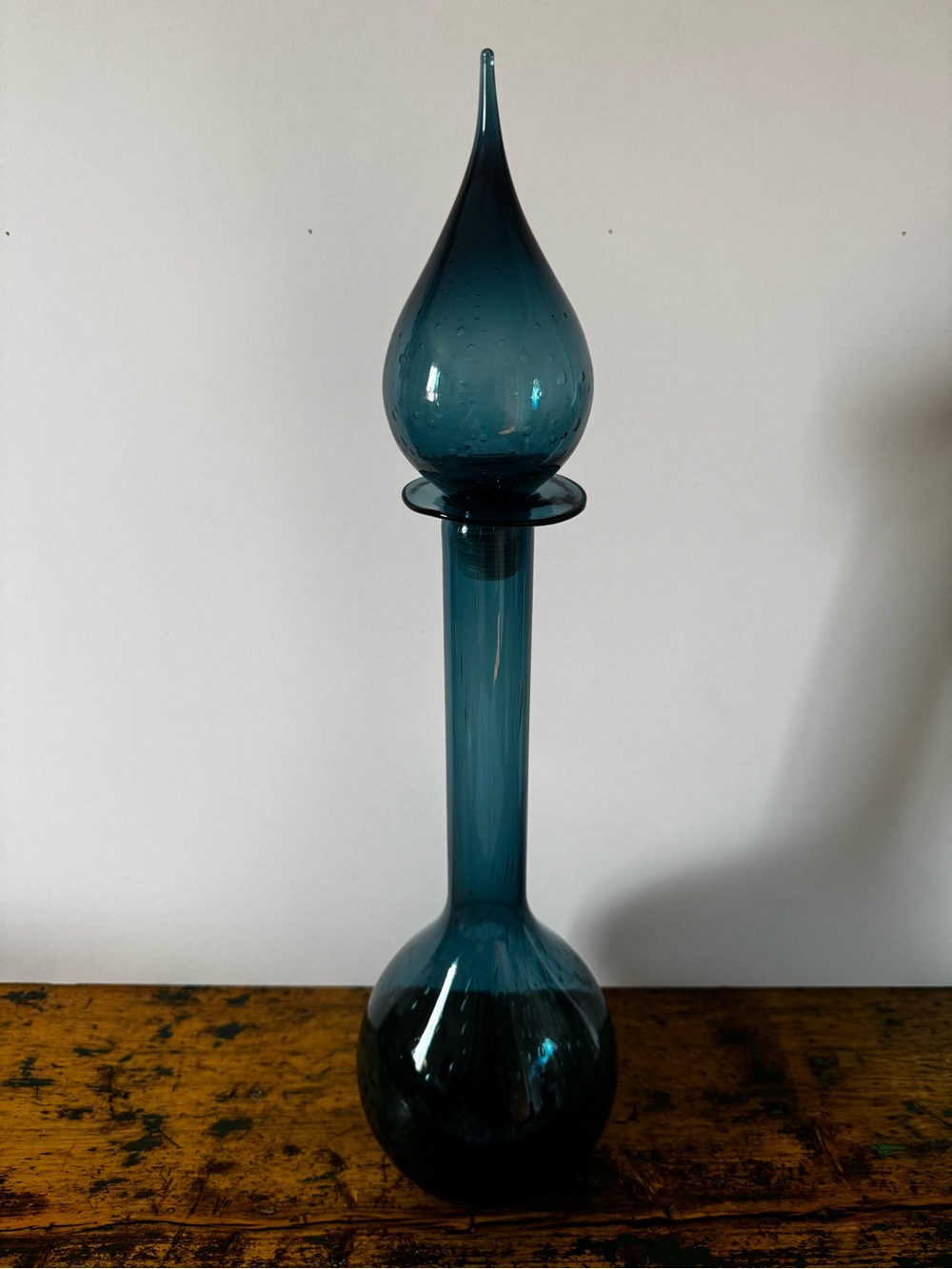 Blue Blown Glass Decanter with Teardrop Stopper